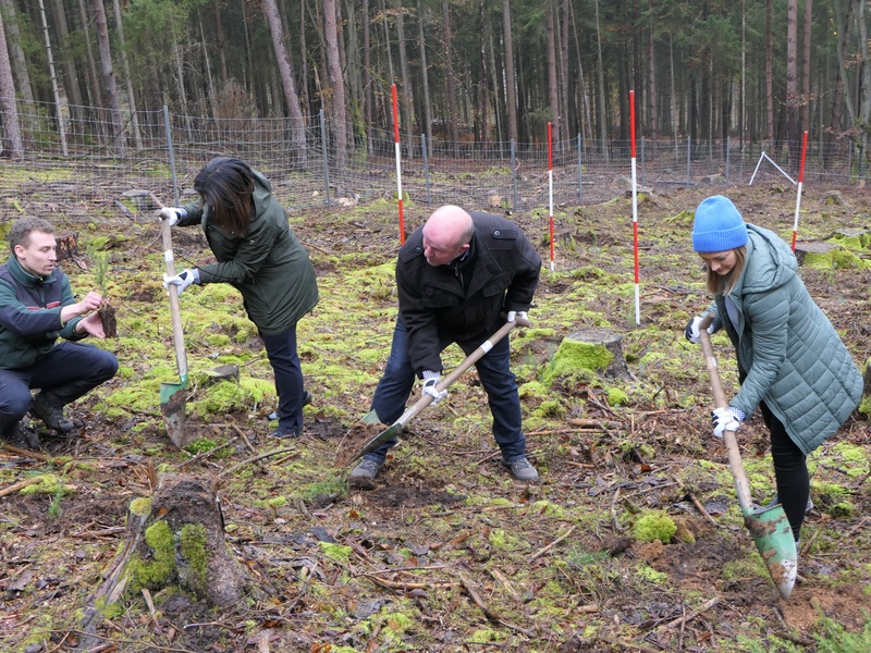 © Stimmkreisbüro Gerlach: StMin Michaela Kaniber, 2. Mespelbrunner Bürgermeister Markus Schreck und StMin Judith Gerlach pflanzen kleine Bäumchen